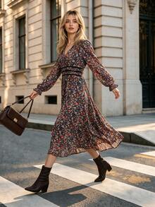 Women Fall Floral Midi Dress, V‑Neck Long Puff Sleeve Ruffle Cuff Smocked Back A‑Line Flowy Autumn Dress - Multicolor - View 9