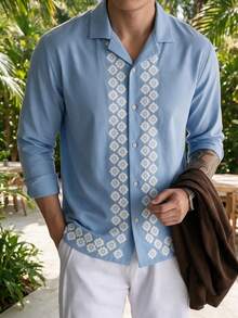 Men's Floral Trim Cuban Collar Long Sleeve Shirt, Light Blue Casual Button-Up Top - Multicolor - View 2