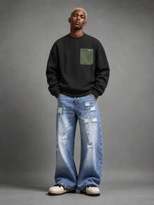 Men's Black Jacquard Pullover Sweatshirt, Round Neck Long Sleeve Top, Green Chest Pocket, Textured Pattern, Casual Streetwear Style - Black - View 4