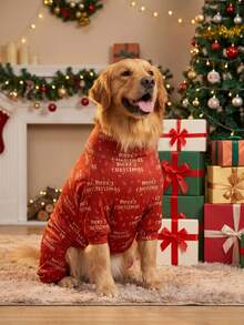 1PC Christmas Dog Pajamas - Soft Warm And High Stretch Full Coverage Pet Rompers, Anti Licking & Bug Protective Jumpsuit For Small Medium Large Dogs, Christmas All Over Printing Dog Clothes - Christmas Letter "Merry Christmas" Pattern - Multicolor - View 1