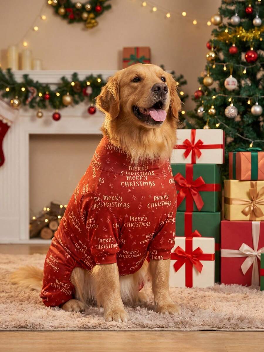 1PC Christmas Dog Pajamas - Soft Warm And High Stretch Full Coverage Pet Rompers, Anti Licking & Bug Protective Jumpsuit For Small Medium Large Dogs, Christmas All Over Printing Dog Clothes - Christmas Letter "Merry Christmas" Pattern - Multicolor - View 1