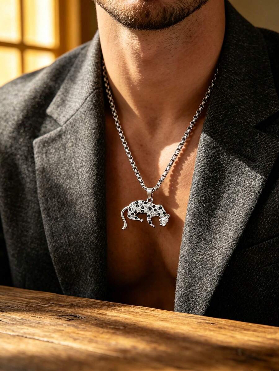 1pc Fashionable European & American Hip Hop Leopard Pendant Necklace, Suitable For Men's Daily Street & Party Wear - Silver - View 1