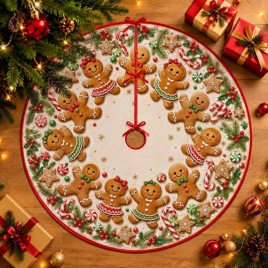 1pc Cute Gingerbread Man Pattern Christmas Tree Skirt, Elegant Color Holiday Decoration, 5 Sizes, Unisex Holiday Gift, Suitable For Home And Party Christmas Decor - Cute Gingerbread Man - View 1