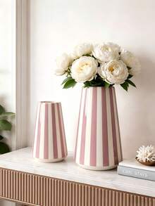 1pc Pink Striped Flower Pot, A Simple European-Style Cylindrical Vase, Is Suitable For Placement In The Living Room, Bedroom, Or On A Table For Home Decoration. - A - View 2