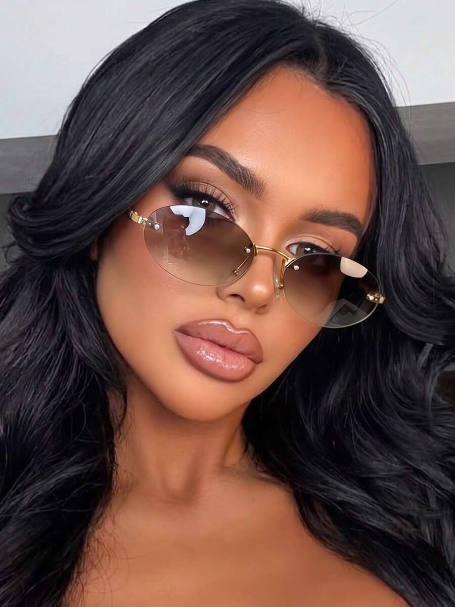 1 Pair Women's Ombre Oval Rimless Metal Leg Edged Small Frame Fashion Glasses, Suitable For Daily Wear