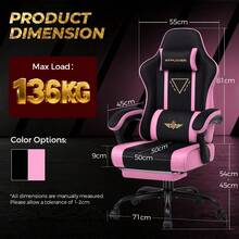 Fabric Gaming Chair With Footrest, Ergonomic Computer Desk Chair With Pocket Spring Cushion Home Office High Back Lumbar Support Heavy Duty Wide - Pink - View 9