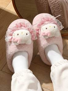 Hello Kitty Cartoon Cute Thick Sole Slippers Fluffy Bowknot Thermal Lined Comfortable Winter Slippers - Pink - View 8