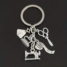 1pc Vintage Silver Sewing Themed Keychain, Scissors Machine Measuring Tape Charms Key Ring, Bag Pendant Gift For Tailor Seamstress - Multicolor - View 4