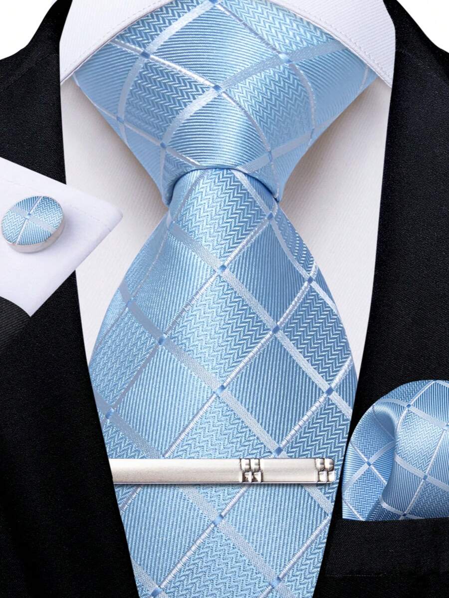 Light Blue & White Plaid Men's Tie 4-Piece Set With Pocket Square, Cufflinks, Silver Tie Clip, Evening Party Accessories - Baby Blue - View 1