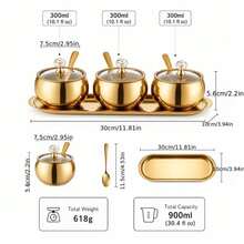 1 Set 2/3 Stainless Steel Seasoning Canister Set, Spice Containers With Lid And Spoon, Gold Tone Condiment Bottles With Serving Tray, Suitable For Pepper, Salt, Spices, Candy, Coffee Beans Kitchen Jar Combination - Multicolor - View 6