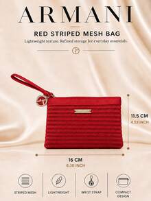 Giorgio Armani Armani Red Striped Mesh Bag, 16*11.5cm, Single Piece, Lightweight With Wrist Strap, Daily Use, Storage For Small Makeup Items - Red - View 4