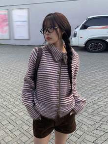 Vintage Low Saturation Autumn/Winter Versatile Casual Collared Striped Knit Cardigan Sweater Jacket For Women - Pink - View 1