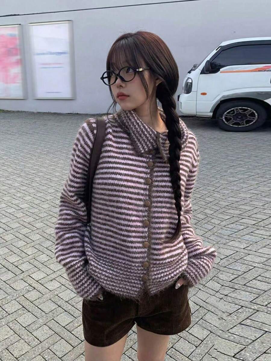 Vintage Low Saturation Autumn/Winter Versatile Casual Collared Striped Knit Cardigan Sweater Jacket For Women - Pink - View 1