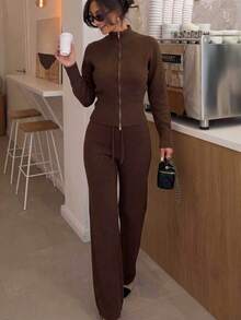 FOR BEAUTY Fall Winter Y2K Elegant Dark Brown Full Zip Up Stand Collar Knit Jacket Drawstring Wide Leg Pants Two Pieces Set Women Outfits - Coffee - View 7