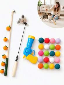 7Alas 4Pcs Interactive Cat Toy Set, Feather Teaser Wand & Plush Puffball Launcher With 20 Soft Balls, Lightweight Handheld Exercise Training Kitten Toys For Indoor Chasing Pouncing Home Playroom Fun - Multicolor - View 9