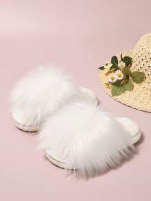 1 Pair Winter Girls Princess Style Faux Fur Slippers Indoor Home Soft Sole Anti-Slip Cute Kids House Slippers - White - View 3