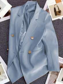 Spring/Summer Women's Solid Color Long Sleeve Double-Breasted Blazer, Notched Collar | Suitable For Dates, Parties, Outings And Holiday Celebrations - Baby Blue - View 9