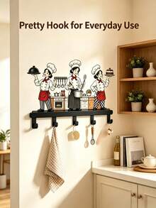Cartoon Chef Figurine Wall Hook Rack Metal Wall‑Mount Hanger Whimsical For Mugs Utensils Spoons Cups Decorative Storage Organizer For Kitchen Counter Home Wall Decor - Black - View 2