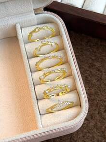 6pcs Minimalist Fashion Cubic Zirconia Faux Pearl Leaf Copper Alloy Open Rings Suitable For Women's Daily Wear And Gatherings (Gift Box Not Included) - Yellow Gold - View 3