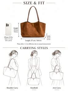 2pcs Brown Faux Suede Tote Bag Set, Women's Large Capacity Shoulder Handbag With Storage Bag, Casual Commute Work Bag, Autumn/Winter Daily Use - Evonik - View 5