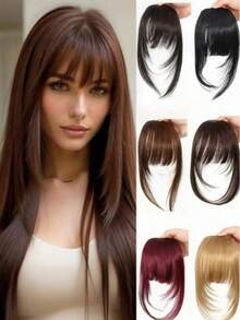 1pc Clip-In Bangs Hair Piece, Thin Tulle Fringe Hair Extension With Sideburns, Synthetic Fiber Natural Style Fake Bangs Hair Accessory, Forehead Hairline Coverage Hair Ornament Suitable For Women And Girls Daily Wear - Multicolor - View 1