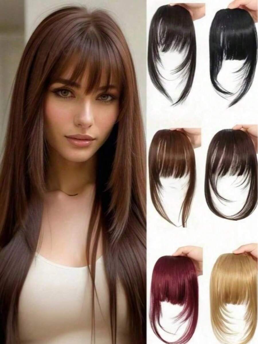 1pc Clip-In Bangs Hair Piece, Thin Tulle Fringe Hair Extension With Sideburns, Synthetic Fiber Natural Style Fake Bangs Hair Accessory, Forehead Hairline Coverage Hair Ornament Suitable For Women And Girls Daily Wear - Multicolor - View 1
