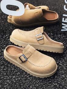 Men's Thick Sole Closed Toe Mule Sandals, Suede Leather Metal Buckle Contrast Stitching, Height Increasing Slimming Anti-Slip Wear-Resistant Summer Outdoor Beach Versatile Casual Comfortable Slippers - Khaki - View 3