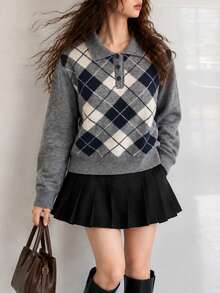 Women's New Casual Preppy Argyle Knit Polo Neck Pullover Sweater, Fashion Choice For Autumn/Winter - Grey - View 4