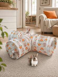 Rabbit Tunnel, Collapsible 3-Way Bunny Play Tunnel Tube With Cute Carrot Print, Interactive Foldable Peek Hole Small Animal Activity Maze Toy With Hanging Ball, Indoor Hideout Exercise Channel For Rabbits, Guinea Pigs, Ferrets - A-1PCS - View 7