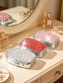 Sparkly Rhinestone Mini Jewelry Box With Mirror,2 Compartment Mini Portable Pill Box,Portable Travel Jewellery Storage Case,Ring Earring Storage Box For Women,Fits In Wallet Or Pocket,Suitable For Travel,School,Gifting,Holiday Gifts, Birthday Gifts - Multicolor - View 2