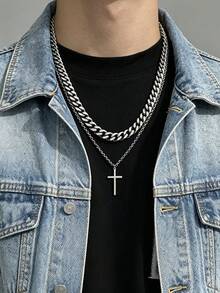 1pc Cross Necklace Suitable For Matching With T-Shirt - Silver - View 1