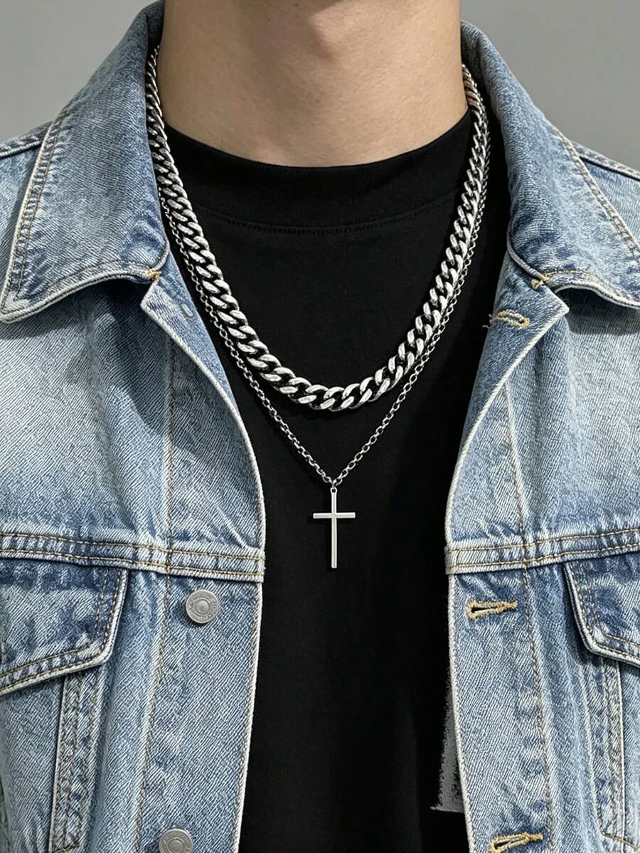 1pc Cross Necklace Suitable For Matching With T-Shirt - Silver - View 1