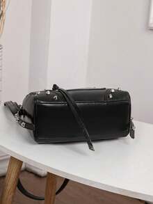 1 pc Tas Motor Gaya Retro Keren dengan Patchwork dan Rivet Logam, Tali Strap Ganda yang Dapat Disesuaikan, Tas Tangan Wanita, Tas Selempang Wanita untuk Jalan-jalan dan Belanja - Hitam - View 10