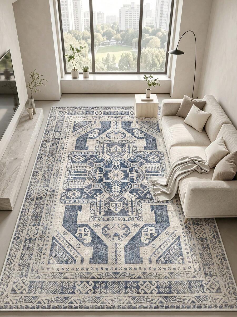 1pc Light Blue Bohemian Living Room Rug. Suitable For Kitchen, Dining Room, Bedroom, Room Holiday Decor, Indoor/Outdoor, Office, Lobby, Anti-Slip Doormat, Bathroom Rug, Hallway, Study Gaming Area Rug.