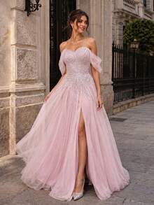 VIPGIRL New Elegant Off Shoulder Mesh Slit Luxury Evening Dress - Pink - View 1