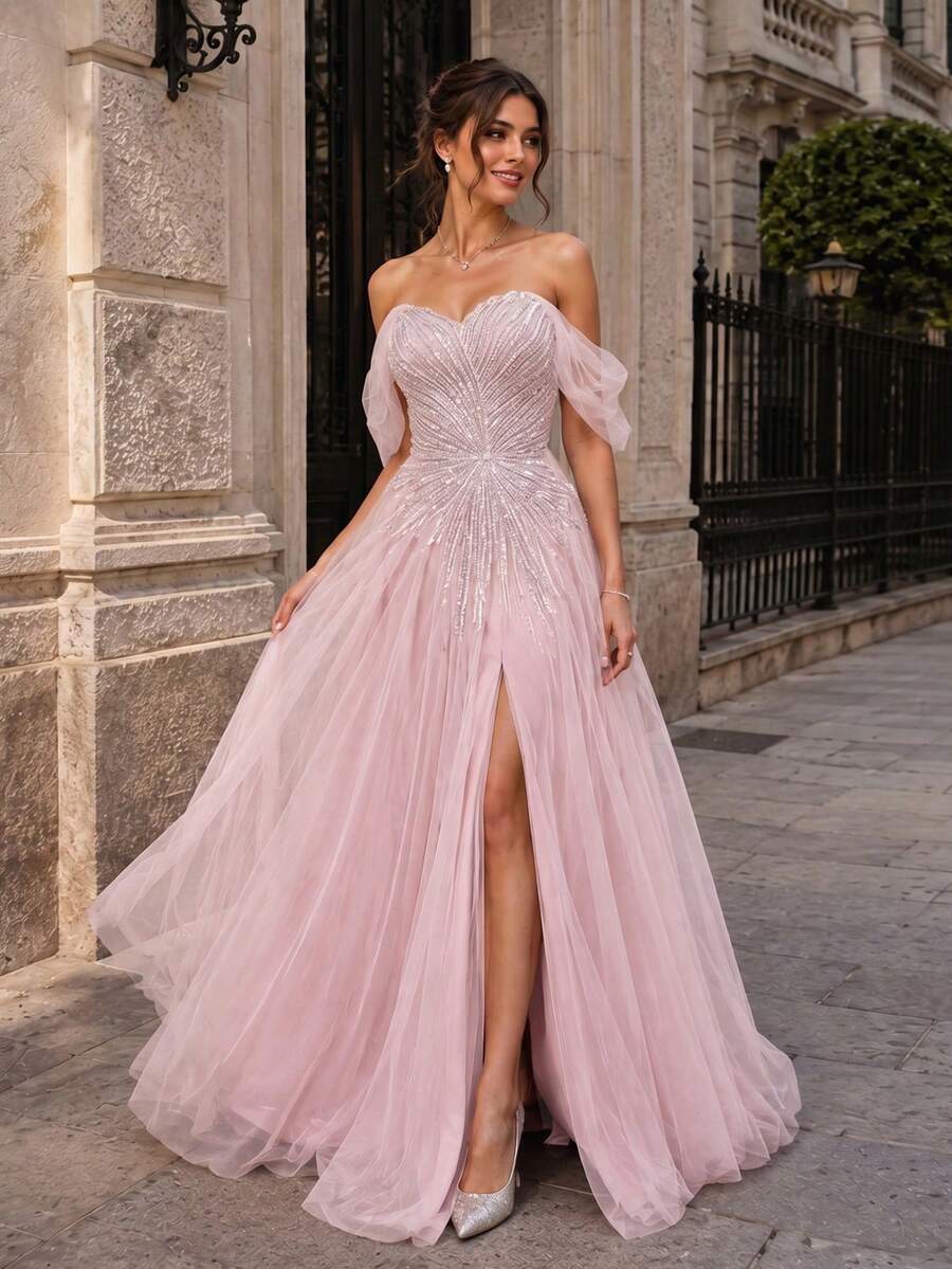 VIPGIRL New Elegant Off Shoulder Mesh Slit Luxury Evening Dress - Pink - View 1