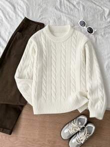 Autumn/Winter Casual Embroidered Crew Neck Cable Knit Sweater For Women, New Loose Cardigan Knitwear White Fall - White - View 4
