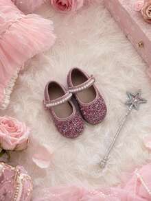1 Pair 2026 Spring/Autumn Girls Pearl Rhinestone Glitter Round Toe Single Strap Flat Sweet Princess Shoes Suitable For Party Wedding Flower Girl - Pink - View 4