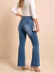 Jeans Flare Wanita Fashion, Potongan Pinggang Sedang dengan Saku Samping, Denim Cuci Elegan - Dark Wash - View 5