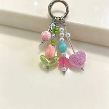 Colorful Beaded Heart Tulip Keychain Pendant, Sweet Handmade Flower Charm, Exquisite Shiny Bead Decoration, Phone Charm, Backpack Bag Car Key Accessory, Gift For Girls And Students - Multicolor - View 3