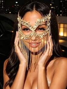 1pc Sexy Rhinestone Tassel Mask, Mysterious Party Dress Accessory For Women, Nightclub Dance Party - Gold - View 3