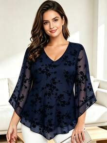 CheersLife Plus Size Women's Elegant Blouse, V-Neck Double-Layer Elastic Mesh Casual Flowy Work Shirt With Ruffle Hem And 3/4 Bell Sleeves Spring - Royal Blue - View 1