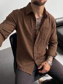 Men's Casual Long Sleeve Shirt With Turn-Down Collar, Single-Breasted And Pocket, Suitable For Daily Wear - Rust Brown - View 1