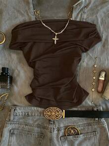 IslaSuriya Camiseta de mujer de unicolor con pliegues y hombros descubiertos de moda - Marrón - Ver 1