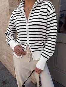 Women's Winter Streetwear Preppy Style Black & White Striped Double Zipper Cardigan Sweater Jacket - Black and White Stripes - View 6