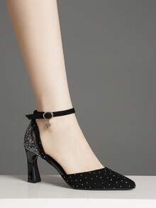 Women's Fashionable Comfortable Non-Tiring Hollow Bead Decor Back Strap Pointed Toe Stiletto High Heel Pumps - Black Velvet - View 4