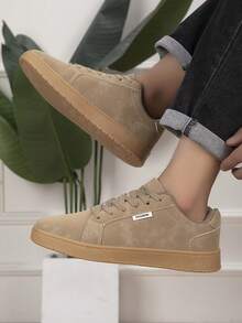 Men's Low-Top Lace-Up Casual Sneakers, Solid Color Minimalist Upper, Suitable For Daily Commute And Outings, All-Season Versatile Casual Shoes - Khaki - View 5