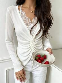 Women's White Long Sleeve V-Neck Lace Patchwork Front Twist Pullover T-Shirt, Slim Fit, Flattering, Pure Desire Style, Suitable For Spring Daily Commute And Date Wear, Base Layer - White - View 2