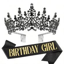 Princess Birthday Girl Crown Tiara Sash Rhinestone Crystal Crown Glitter Sash For Girls Birthday Party Headband Hair Accessories - Multicolor - View 18