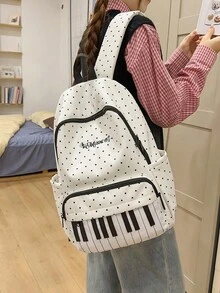 Piano Keyboard Polka Dot Backpack, Black & White Music Embroidery Large Capacity Multi-Pocket Casual Daily Use Backpack, Suitable For School, Music Class And Everyday Use - Multicolor - View 2